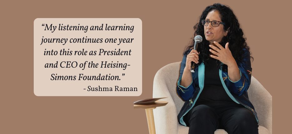 Sushma Raman sitting in a chair speaking, with a quote from her letter.