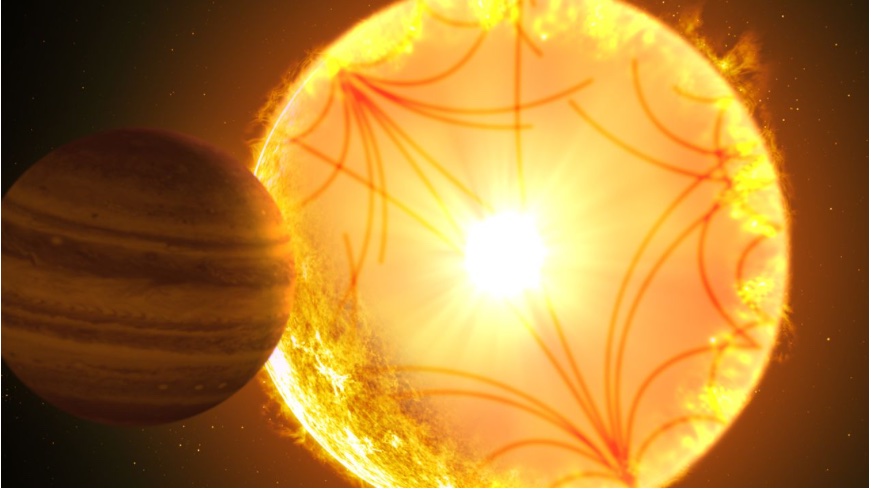 Exoplanet Kepler-1658b (left), doomed to eventual obliteration by its aging host star.
