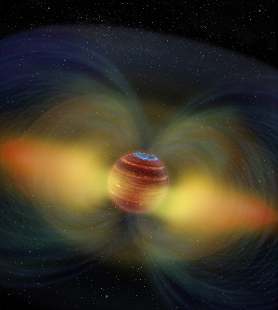 Artist’s impression of an aurora on the ultracool dwarf LSR J1835+3259 and its surrounding radiation belt.